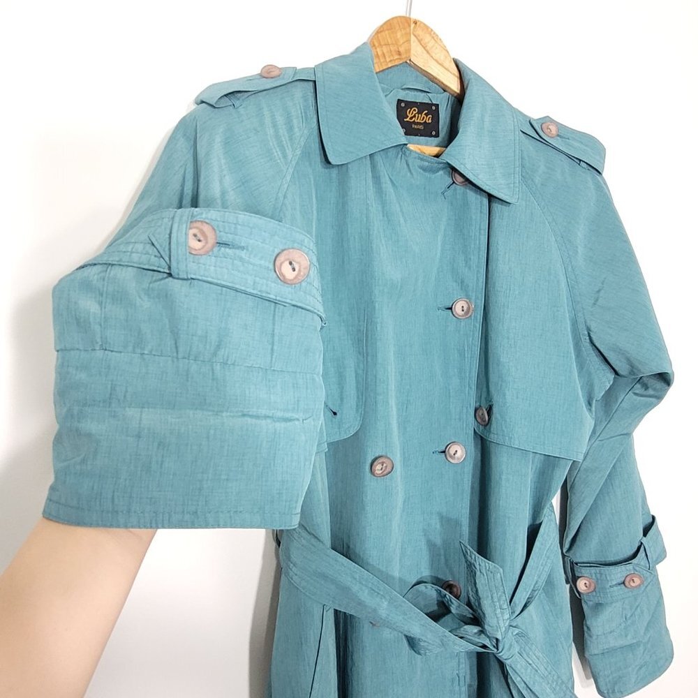 Luba Paris Vintage Teal Green Trench Double Breasted Tie Waist Retro Coat Classy - Picture 5 of 15